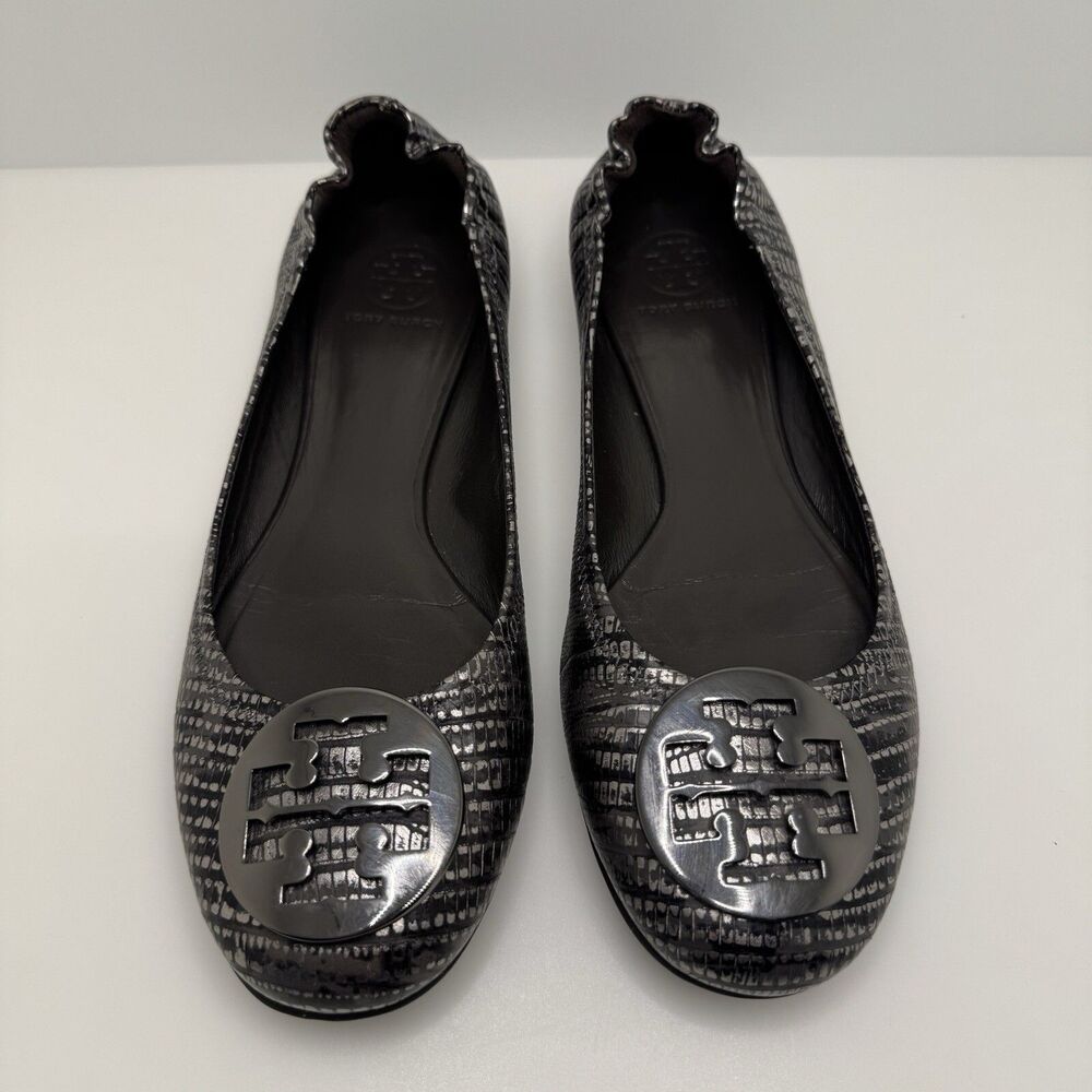 Tory Burch Black Silver Print Ballet Flats Silver Logo Women’s Size 9 M